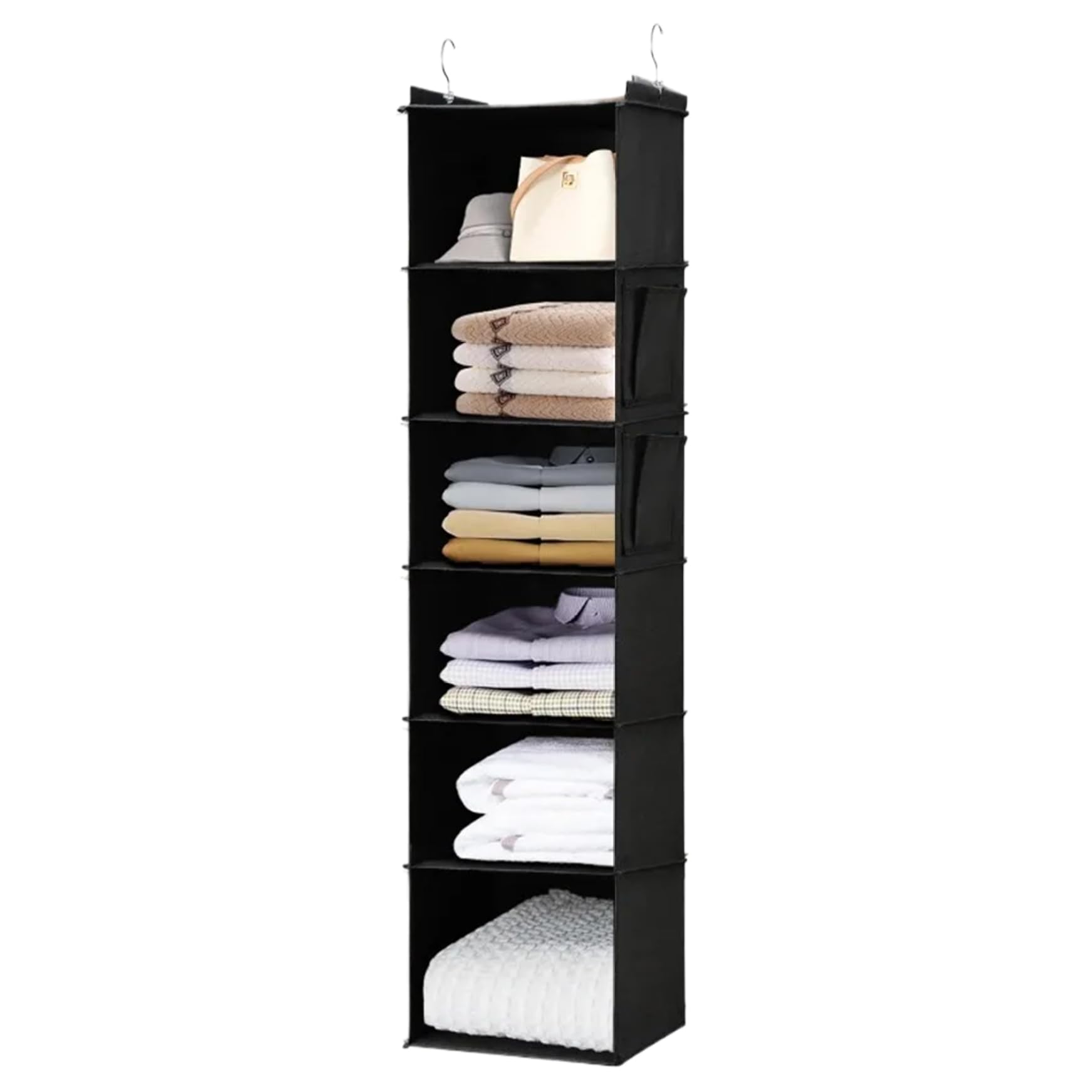 Tsawntd Hanging Sweater Organizer for Closet, 6-Shelf Hanging Closet Organizer with Side Pockets, Foldable Clothes Storage with Hooks 11.6x11.8x47.2 inch Black
