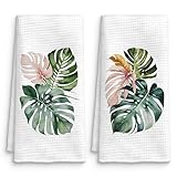 QICLM Tropical Monstera Leaf Kitchen Towels Set of 2, Green Jungle Palm Leaf Tropical Hand Towels for Bathroom Kitchen Decor, Green and Pink Botanical Dish Tea Towels, 16x24 Inches