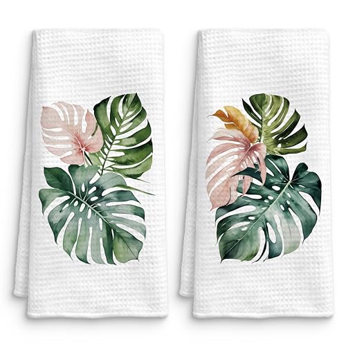 QICLM Tropical Monstera Leaf Kitchen Towels Set of 2