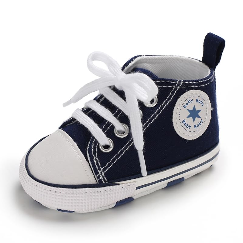 Image of Unisex Baby Girls Boys Canvas High-top Shoes, Newborn Infant Anti-Slip Soft Sole Frist Walking Breathable Sneakers