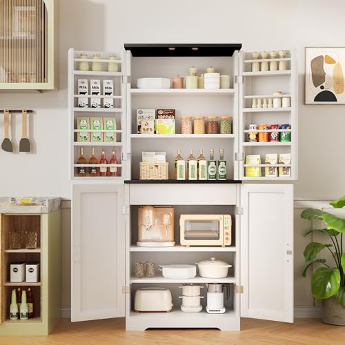 Image of Shintenchi Kitchen Pantry Cabinet, Freestanding Farmhouse Storage Cabinet with 8 Door Shelves, 2 Cabinets and 1 Drawer, Tall Cupboard for Kitchen, Living Room, Dining Room and Bathroom, White