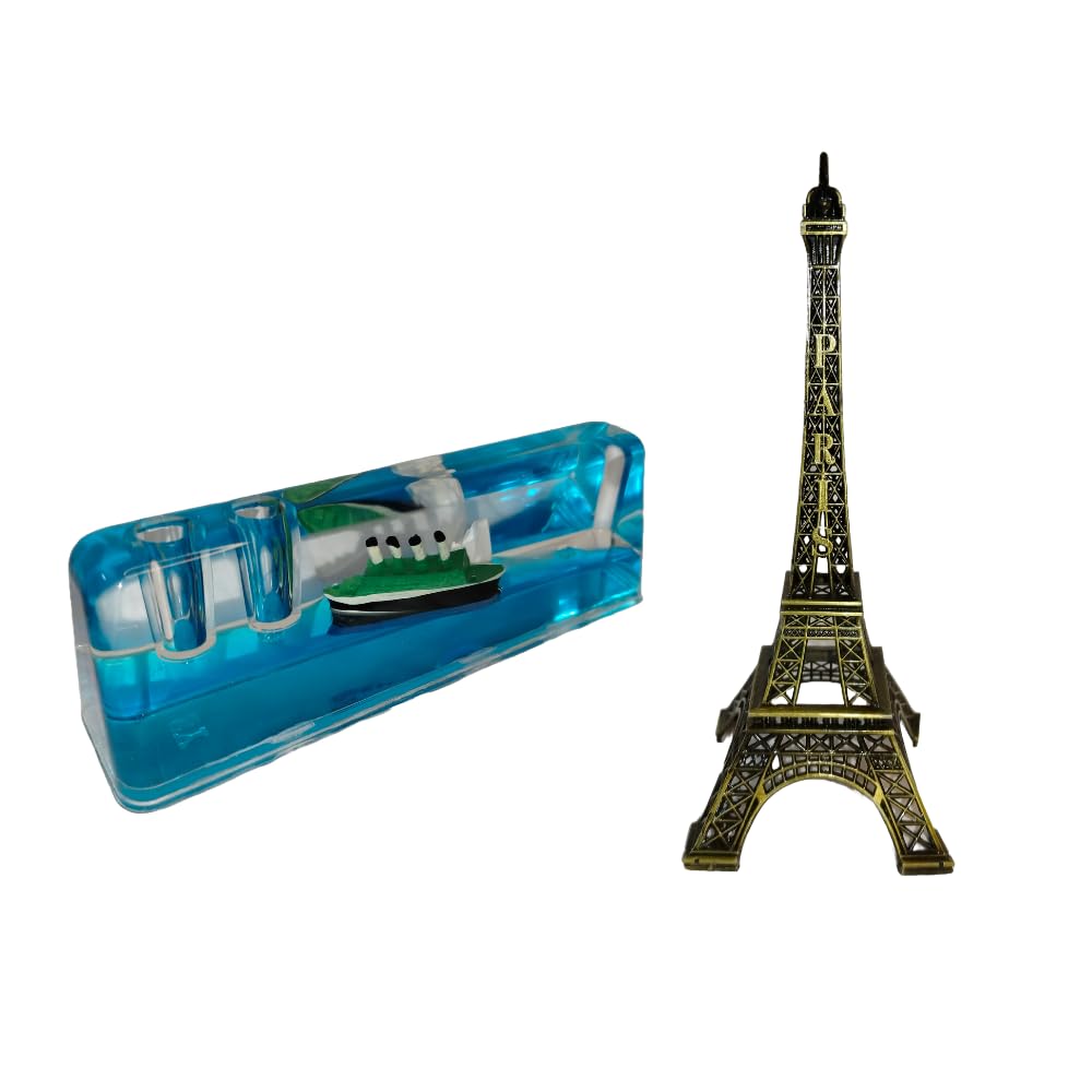 Metal Eiffel Tower Miniature, Paris Landmark Building, Metal Statue/Liquid Wave Cruise Ship for Car Dashboard Decorative Showpiece (Paperweight with Pen Holder)(Set of 2 Combo).