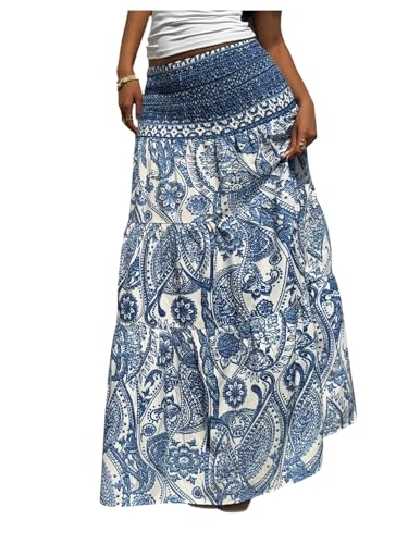 Milumia Women's Paisley Print Flowy Maxi Skirts Boho Shirred Long Skirts Beach Vacation