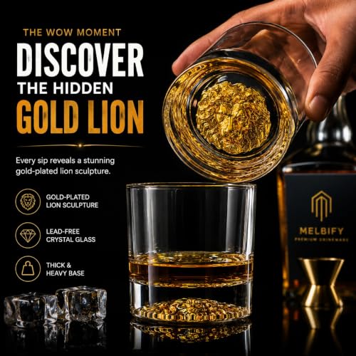 Image of Melbify Gold Lion Whiskey Glass Gift Set | 2 Pc Set | 300 ML| Premium Packing | Gift Box | Gold-Bottomed | Imported | Luxurious | Ideal for Wedding Gifts, Anniversary, VIP and Corporate Gifts