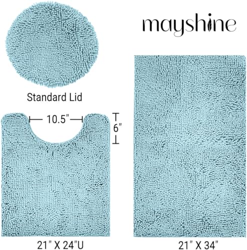 Image of Standard 3pc Set Chenille Bath Mats, Includes 21 inchx24 inch U-Shaped Contour Toilet Rug, 21 inchx34 inch Inches Bathmat and 1 Toilet Lid Cover, Plush Absorbent Bath Mats Quick Dry, Spa Blue