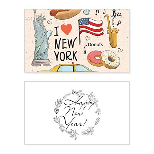 Tarjeta conmemorativa neoyorquina con ilustraciones icónicas de comida americana y taxi
