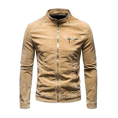 Mens Warm Winter Denim Jacket Stand Collar Fleece Lined Trucker Jackets Fashion Vintage Distressed Motorcycle Coat (Khaki-2,Medium)