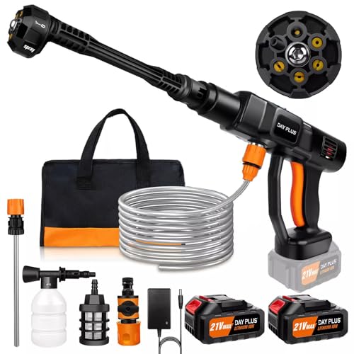 6 in 1 - Pistola de agua de alta presión inalámbrica 21 v 300 bar / 3000 PSI con 2 baterías 3.0 ah, manguera de 5 metros