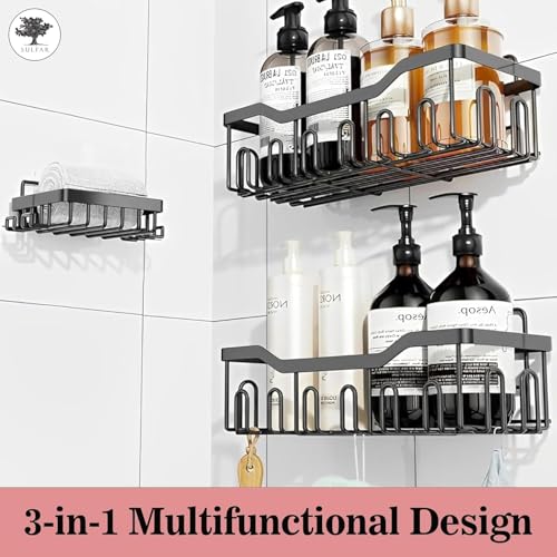 Image of Self Adhesive Bathroom Shelf Combo Pack of 3 | No Drill Rust Proof Metal Bathroom Organizer Set | Wall Mounted Storage Shelves with Soap Holder | Multipurpose Rack for Bathroom, Kitchen