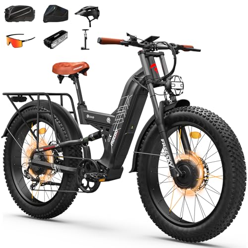 FREESKY 2026 Warrior Pro 4000W Dual Motor Electric Bike for Adults, 48V 30AH Battery 120Miles Range, 40MPH AWD Fast E-Bike, 26' Fat Tire Full Suspension Electric Mountain Bike E Bicycle, Cycling Pack