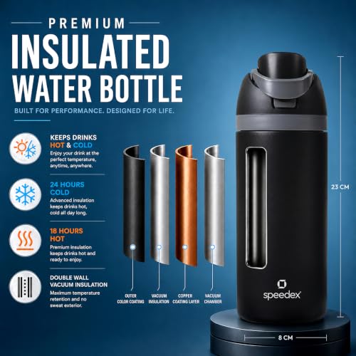Image of Speedex Coral 500 Stainless Steel Vacuum Insulated Water Bottle 650ml | Thermosteel Flask | Hot 18Hr Cold 24Hr | Flip Straw Lid Sipper | Kids Boys Girls Men Women Office School Gym Travel | Black