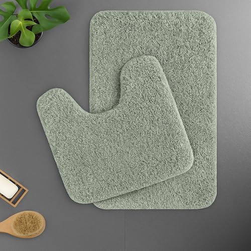 Image of LUXE HOME INTERNATIONAL Polyester Contour Bath Mat - Washable, Anti Skid, Water Absorbent Contour Mats for Bathroom, Toilet, Wash Basin & Bathroom Contour Mat Set (Pastel Green, 45x 75 cm & 40x45)