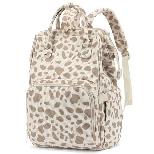 Xunteny Mochila escolar feminina de veludo cotelê, mochila de viagem para laptop de 15,6 polegadas casual, Estampa de vaca de veludo cotelê, cáqui, 12.2' x 6.3' x 16.9'