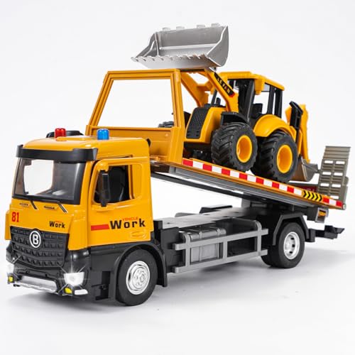 LTFIOON Camião de reboque de brinquedo, transportador de carros com luzes, som, veículos de construção com escavadora, cabine de metal, presentes para crianças 3+ anos