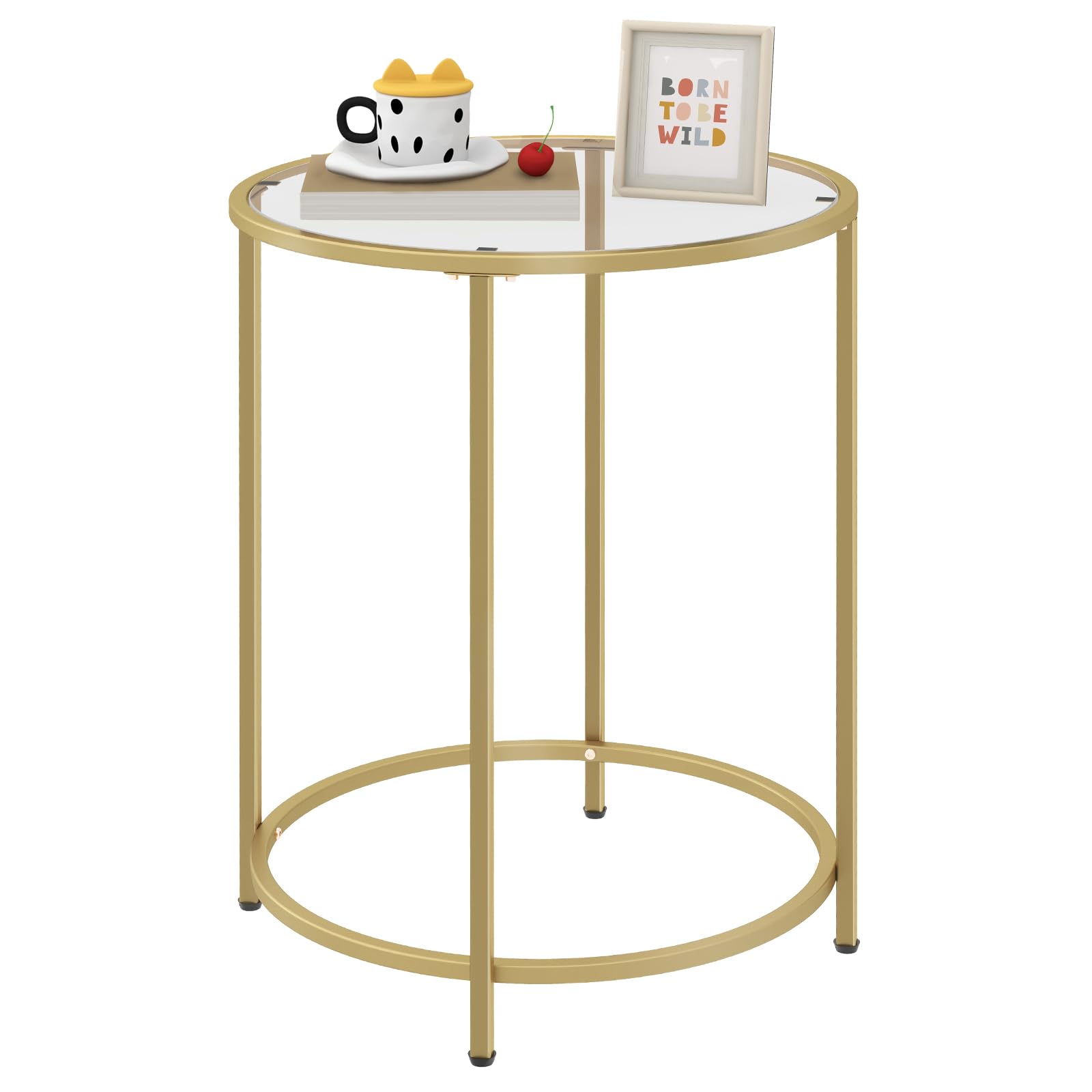 Photo 1 of Livofloral Round Side Table, Modern Style Coffee Table, Sofa Table, Table with Metal Shelves and Glass Top, End Table for Living Room, Bedroom, Balcony, Patio, (H) 25.59 inch× (D) 19.69 inch, Gold