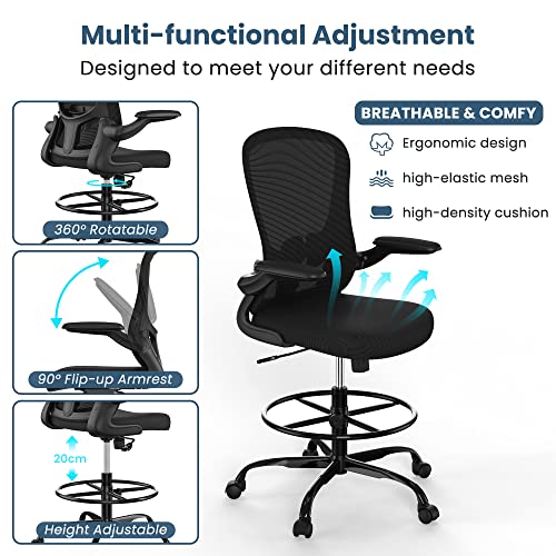 Drafting Chair, Tall Office Chair With Flip-Up Armrests Executive Ergonomic Computer Standing Desk Chair, Office Drafting Chair With Lumbar Support And Adjustable Footrest Ring #TOP3