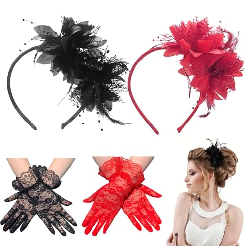 FOSDICK 2 Pcs Fascinator Damen und 2 Paar Spitzenhandschuhe, Fascinators Haarschmuck Schwarz Rot, Fascinator Hut Damen Elegant, 50er Jahre Accessoires...