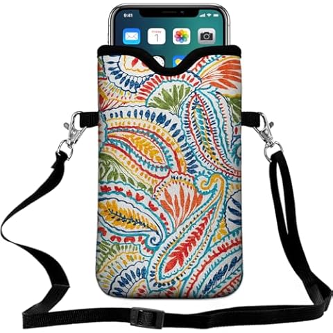Braytow Neoprene Cell Phone Pouch 7.5 X 4.3 in Cloth Mobile Protection Case Bag with Crossbody Strap Neck Lanyard Cell Phone Case Paisley Multi Cover