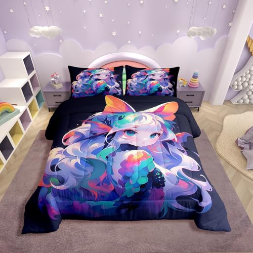 Erosebridal Girls Bedding Anime Gifts Comforter Set 3D Printing Bedding Comforter Sets, Cartoon Printed Comforter for Kids Kawaii Japanese Girl Duvet Insert with 1 Pillow Case (Twin)