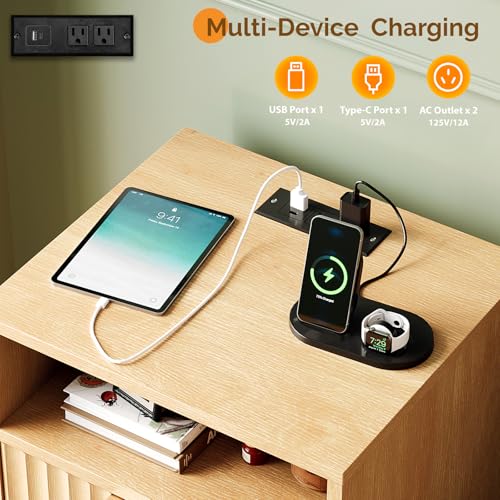 Image of VINGLI Fluted Nightstand with Charging Station, Wood Nightstand with 2 Drawers Night Stand for Bedroom, Fluted Bedside Table /End Table /Side Table with Pine Wood Legs, Oak, 15.75 inch W*15.55 inch D*23.62 inch H