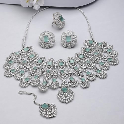 Image of ZENEME Rhodium-Plated American Diamond Studded Tasselled Necklace With Earrings Ring & MaangTikka Jewellery Set For Girls and Women