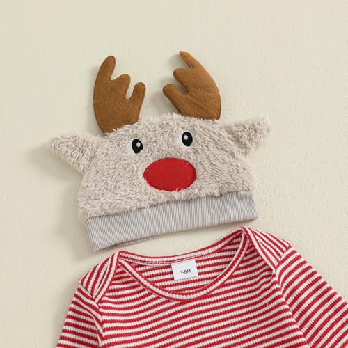 Image of Baby Boy Christmas Outfit Elf Newborn Romper Pants Set With Hat | Long Sleeve Bodysuit, Striped Romper Overalls Set, Baby Boy Elf Outfit, Fall Winter Clothes With Hat, My First Christmas.