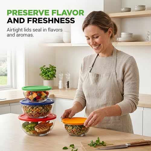 Image of NutriChef 4‑Piece Glass Mixing Bowls with Lids - Premium Borosilicate Glass Bowl Set (1 QT‑3.7 QT) - Non‑Toxic Bowls with Airtight Lids for Mixing, Baking, Serving & Storage
