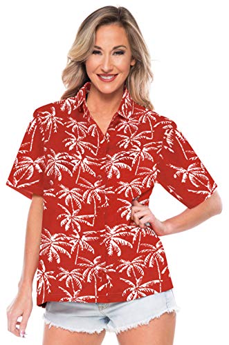 LA LEELA Women's Funny Tie-Front Shirt Hawaiian Blouses XXL Red, Allover Palm
