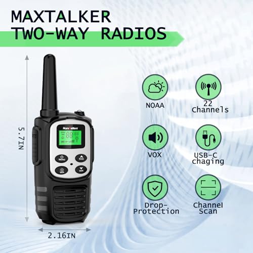 Image of MaxTalker Walkie Talkies Long Range, FRS Two Way Radio (2-Pack, White) | Rechargeable 1200mAh USB-C walkie talkie with NOAA, LED flashlight & VOX, Ideal for hiking, camping