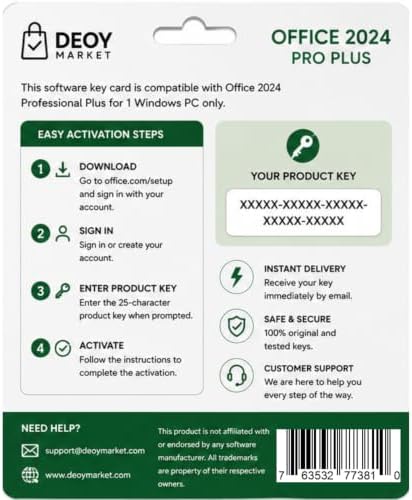 DEOY Market Software Key Card Compatible with Office 2024 Professional Plus – 1 Windows PC – Digital Delivery - 1