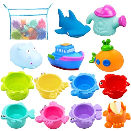 Image of INNOCHEER Baby Bath Toys for Toddlers, Water Table Toys with Mold Free Stacking Cups, Quick Dry Organizer Net, 13 Pcs Bathtub Game, Beach and Pool Party