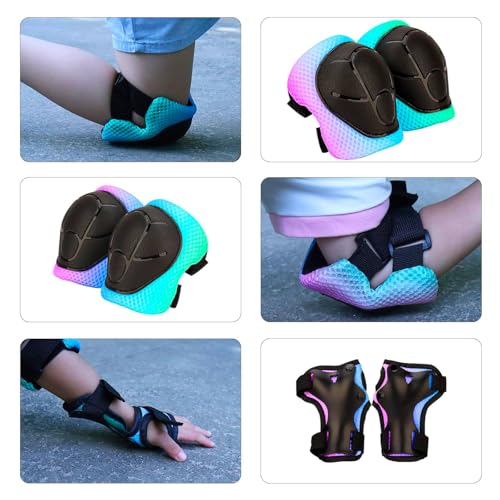Image of Color Gradient Adjustable Kids Bike Helmet with Knee & Elbow Pads Set | Multi-Sport Safety Gear for Boys & Girls Ages 5-14 | Skateboarding, Scooters, Roller & Inline Skating, Longboarding