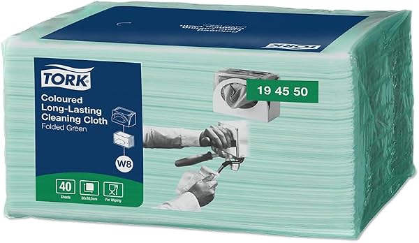 Tork 194550 trwałe, kolorowe chusteczki do czyszczenia do systemu W8 Small Pack / 1-warstwowy zestaw ściereczek do czyszczenia zielonych / do wielokrotnego użytku / jakość premium / 8 x 40 chusteczek / 30 x 38,5 cm (szer. x dł.)