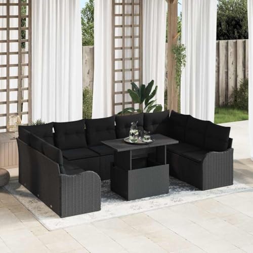 QJBSAVVA Gartensofa Lounge 10-Teilig Schwarz 100x55x73 cm Poly Rattan...