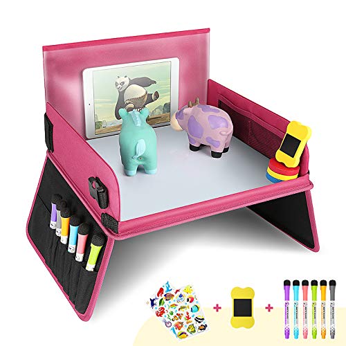 Kinderknietafeltje reistafel-dienblad voor kinderen spelen met wisbaar tekenbord & 6 gekleurde potloden voor spel en eettafel, speeltafel, autostoel, tafel voor buggy, kinderwagen, auto, vliegtuig, trein