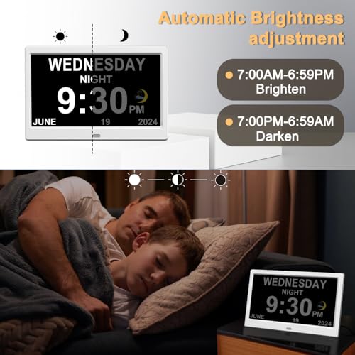 Extra Large Impaired Vision Digital Alarm Clock With Day And Time For Elderly Calendar Clock Auto Dimmable Clock (10.1 Inch White) - 5