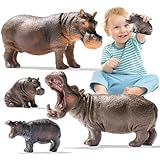 Safari Hippo Animals Toys, 4PCS Plastic Wild Animals Family Figures Toy for Kids Ages 3-5 Includes Hippopotamus and Cubs, Cake Toppers Birthday Gift Party Favors for Boys Girls