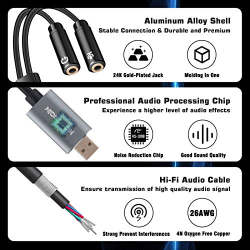 HOSONGIN USB to 3.5mm Jack Audio Headphone Adapter, USB External Sound Card Audio Adapter with 3.5mm TRS 3-Pole Headphone and Microphone Jack, 12 inch - Thumbnail 5