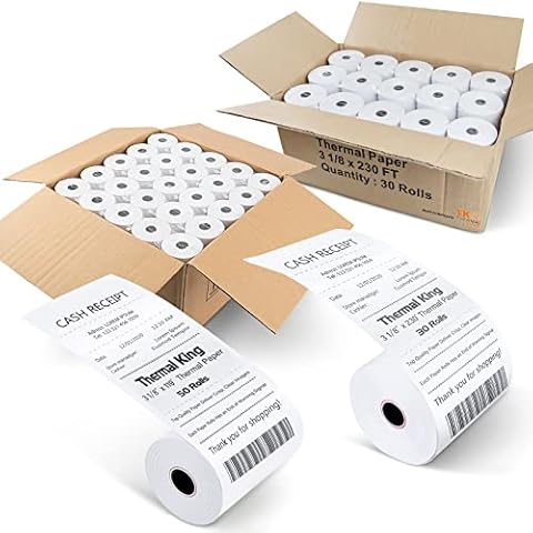 TK Thermal King, 3-1/8" x 230' (30 Rolls) & 3-1/8" x 119' (50 Rolls) Thermal Credit Card Paper Cover