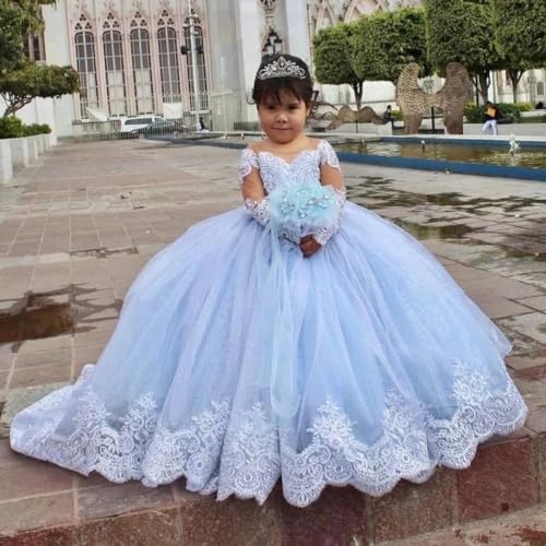 GZCYL Sky Blue Flower Girls Dresses for Wedding Ball Gowns Lace Long Sleeves Prom Dress2