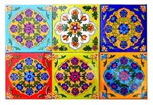 Shiv Kripa Blue Pottery Handmade Home Decor Ceramic Tiles Backsplash Wall Tiles Mural Panel Kitchen Washroom Mosaic 4 x 4 Inch Pack of 6 Tiles (Multi)