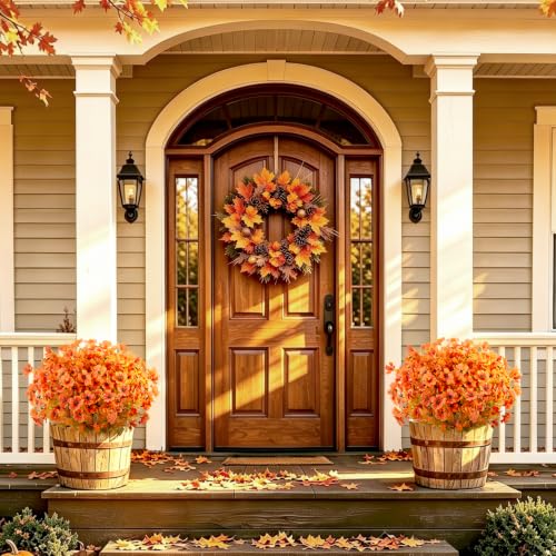 Image of AmyHomie 16 PCS Artificial Fall Flowers for Outdoors, Orange Fake Mums