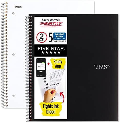 Five Star Spiral Notebooks Plus Study App, 2 Pack, 5 Subject, College Ruled Paper, 11" x 8-1/2", 200 Sheets, Black & White (73035)