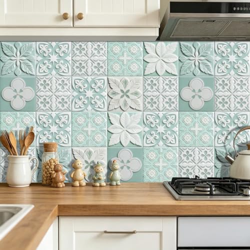 Protector Salpicaduras Cocina 15x15cm Hojas Verdes Azulejos Adhesivos y Baldosas Adhesivas Pared,Material PVC Impermeable para Decoración, Baño y Espacios Interiores