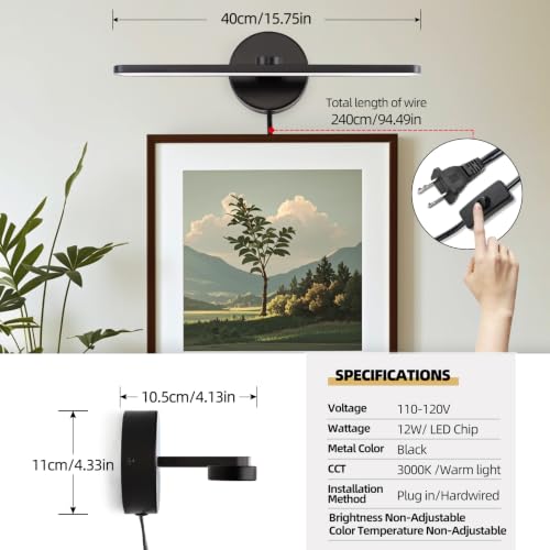 Image of 15.75 inch Plug in Bathroom Light Fixtures Modern Black Vanity Lights Over Mirror, 3000k Warm Light Non-Dimmable 12w Picture Light Led Wall Lights for Bedroom,Art,Poster,Gallery,Paintings