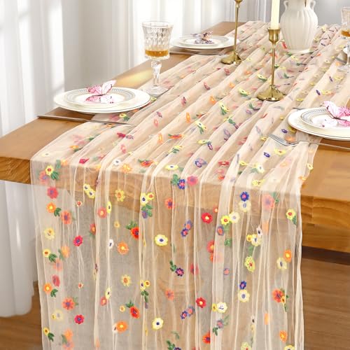 Dremisland Champagne Embroidery Daisy Gauze Table Runner Spring Decor 120 Inch Boho Gauze Cheesecloths Dining Table Runner Flower Table Decor Tulle Table Cover for Kitchen Home Party Wedding Birthday