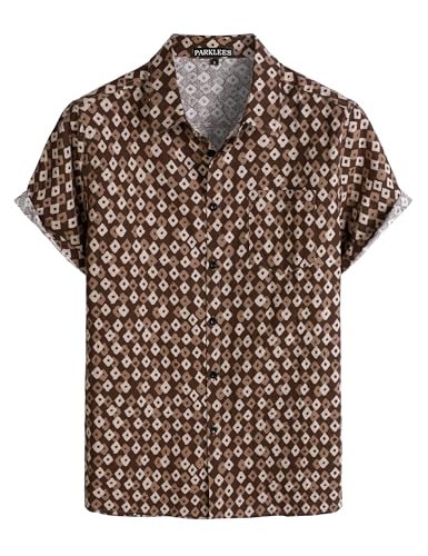 PARKLEES Herren-Hemd aus Baumwollleinen im 70er-Jahre-Vintage-Muster im alten Stil, lässiges Kurzarmhemd mit Knopfleiste, Retro-Shirts, L