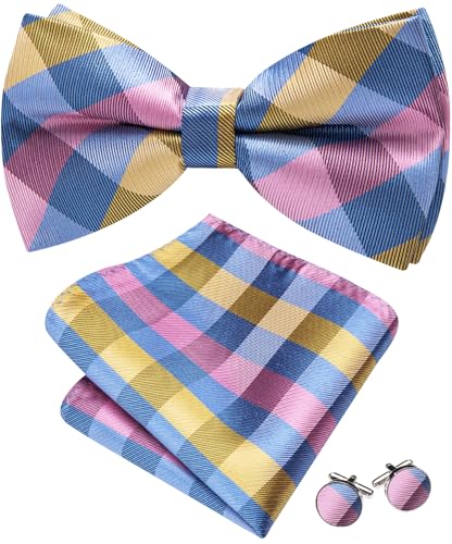 Image of Barry.Wang Paisley Striped Bow Tie for Men Silk Pre-Tied Bowtie Pocket Square Cufflinks Set Formal Wedding Party Prom
