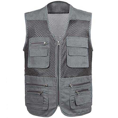 Flygo Men's Summer Mesh Fishing Vest Outdoor Photography Journalist Travel Vest with Pockets Grey L