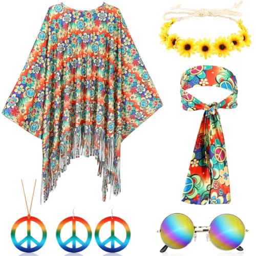 Costume Hippie Femme, Poncho Hippie Orange, 6 Pièces Grande Taille Deguisement Hippie, Bandeau Fleuri, Boucle d'Oreille Collier Signe de Paix Lunettes de Soleil, Accessoire Hippie Annees 60 et 70